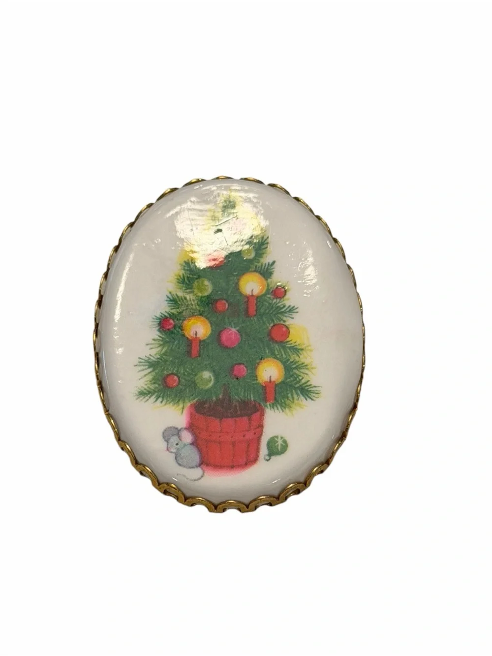 Vintage Hallmark Cameo Holiday Christmas Tree Mouse Brooch Pin Festive Gold